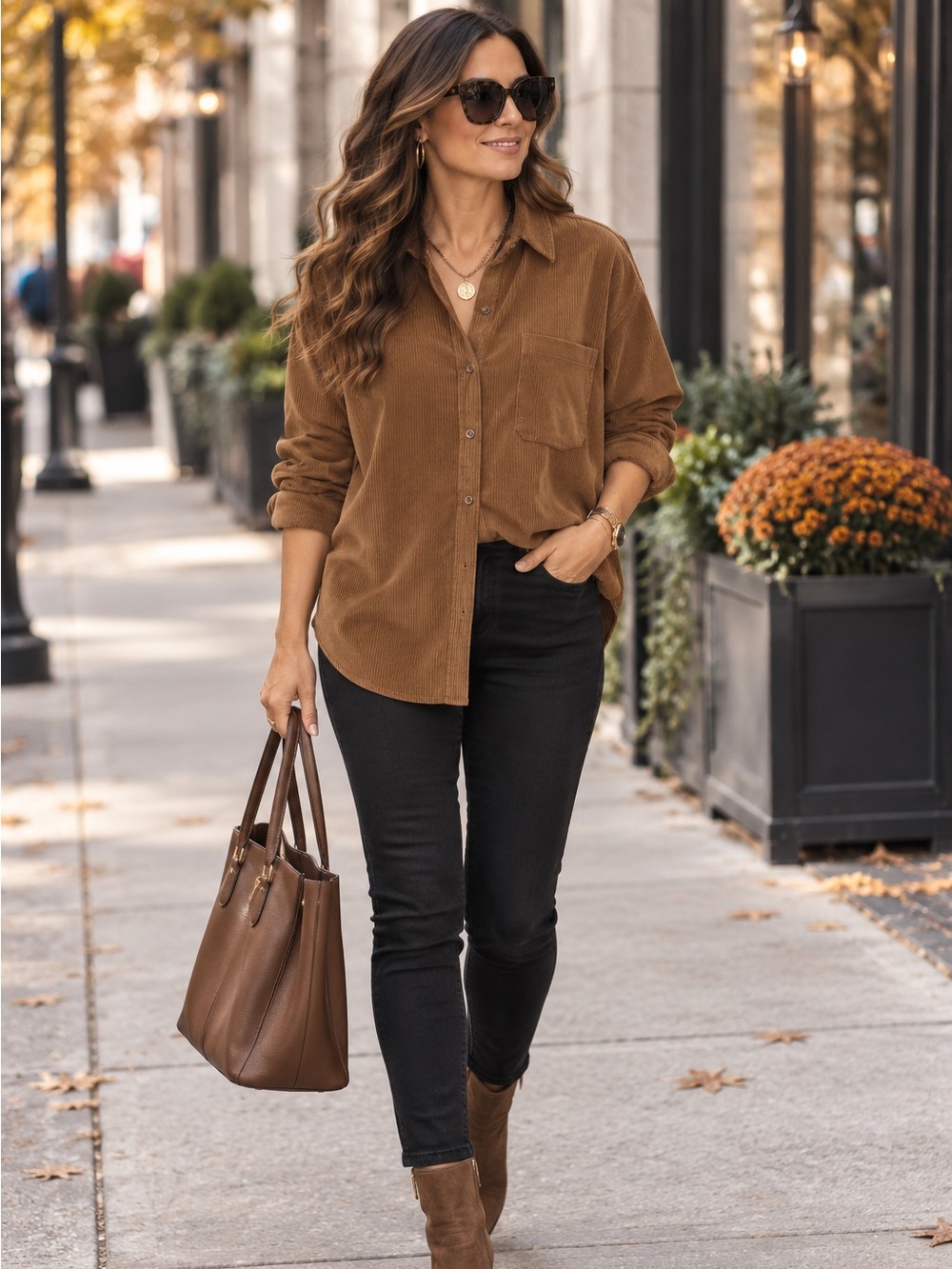 Women's Oversized Brown Button Down Corduroy Shirt L - Picture 2 of 7